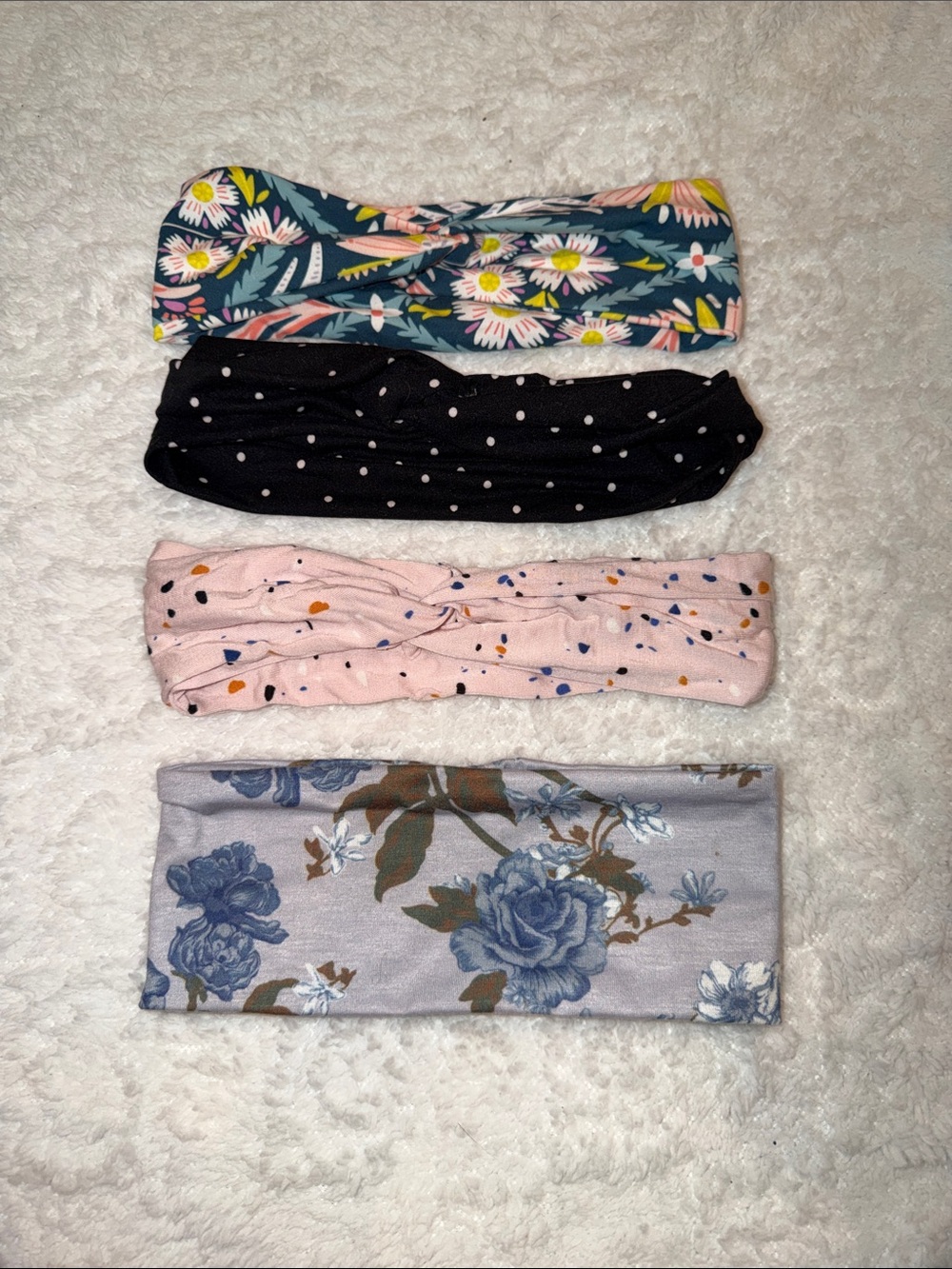 4 pc. Stretch Headbands : Floral, Black Polka Dot, Pink Confetti, Gray/Blue Rose